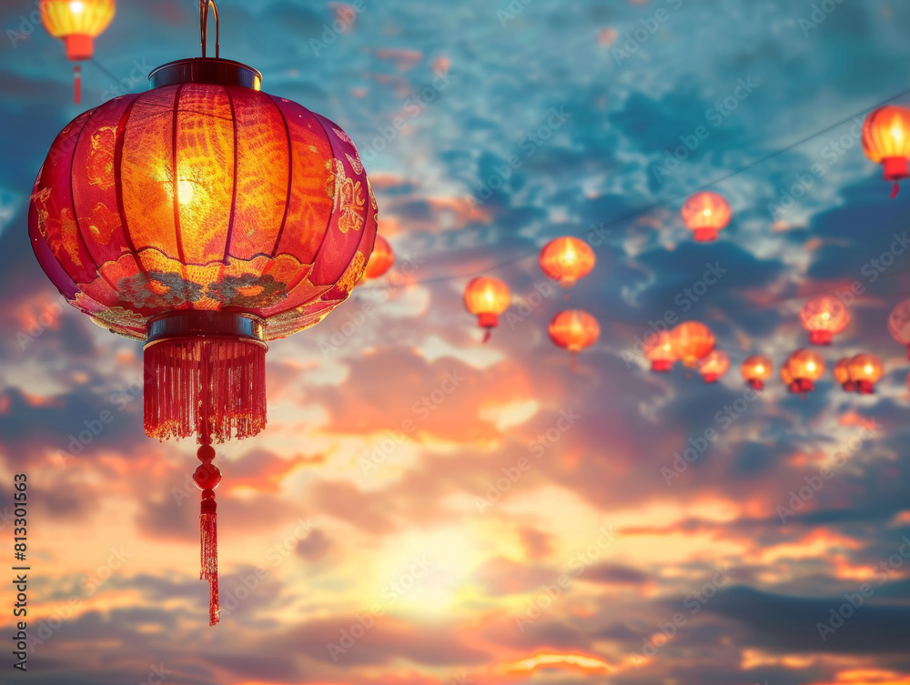 Obraz premium a lot of hanging chinese lantern over blue sky, blue hour - ai