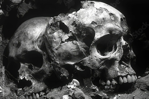 Two old damaged skulls on the ground.