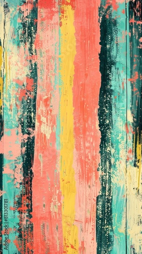 A vibrant and eclectic abstract painting featuring a mix of colors and textures on a wooden background with irregular vertical stripes