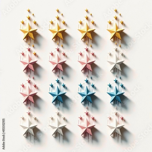  A 3D rendering of variously colored 3D stars on a white background.