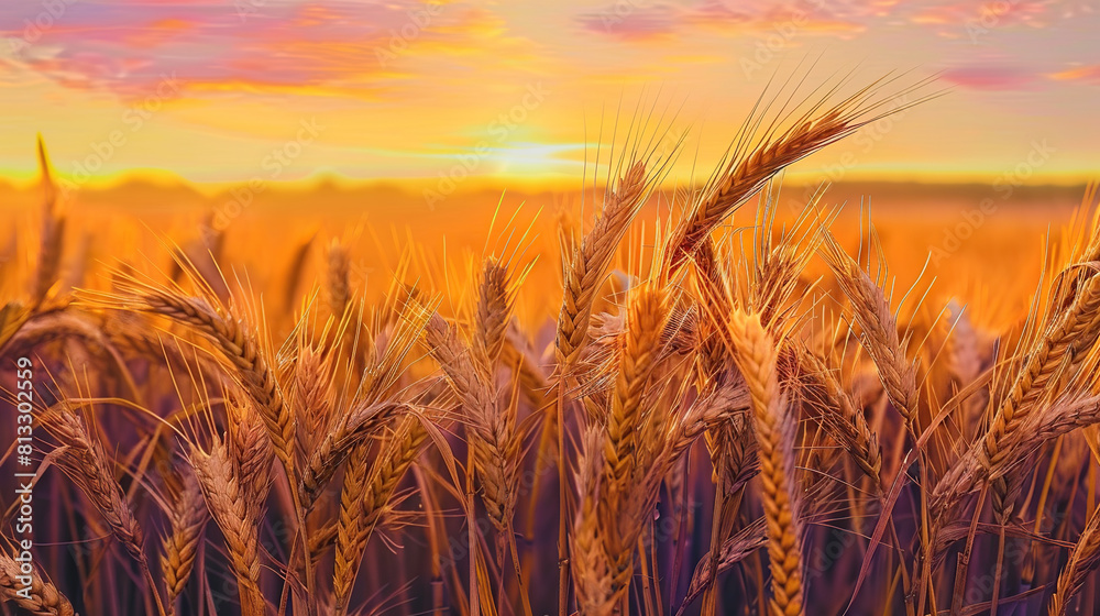 Close up wheat field at golden hour, bathed in warm sunlight, whole grain field. Generative AI Close up wheat field at golden hour, bathed in warm sunlight, whole grain field. Generative AI