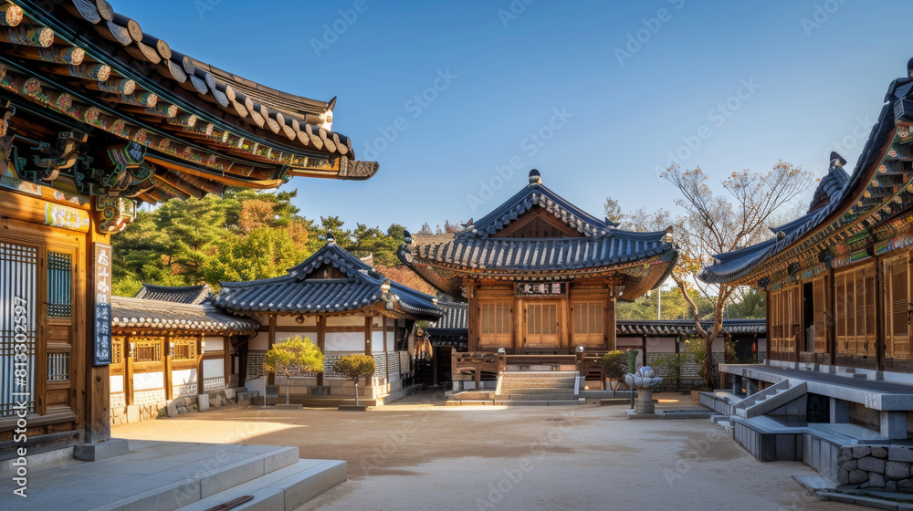 Korean Buddhist temple, high-resolution photo-style, warmth of sunlight mingling with the rich wooden structures Korean Buddhist temple, high-resolution photo-style, warmth of sunlight mingling with the rich wooden structures