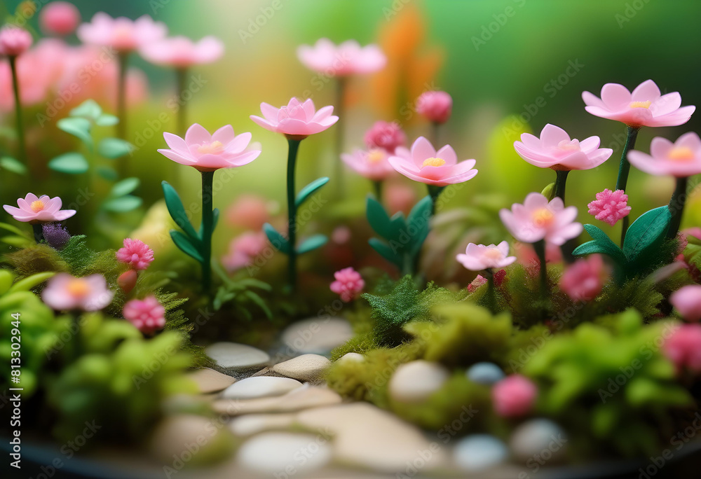 A detailed miniature scene of a garden with pink blooming flowers