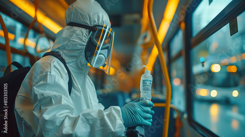 Public transportation healthcare, Man in white protection suit disinfecting and sanitizing handlebars and bus interior to stop spreading highly contagious coronavirus or COVID-19 photo