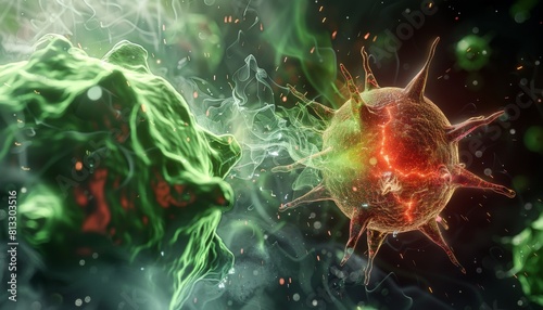 The image shows a virus attacking a healthy cell photo