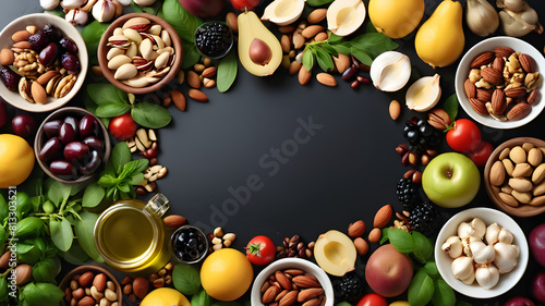 Border liver detox diet food concept, fruits, vegetables, nuts, olive oil, garlic. Cleansing the body, healthy eating. Top view, flat layout