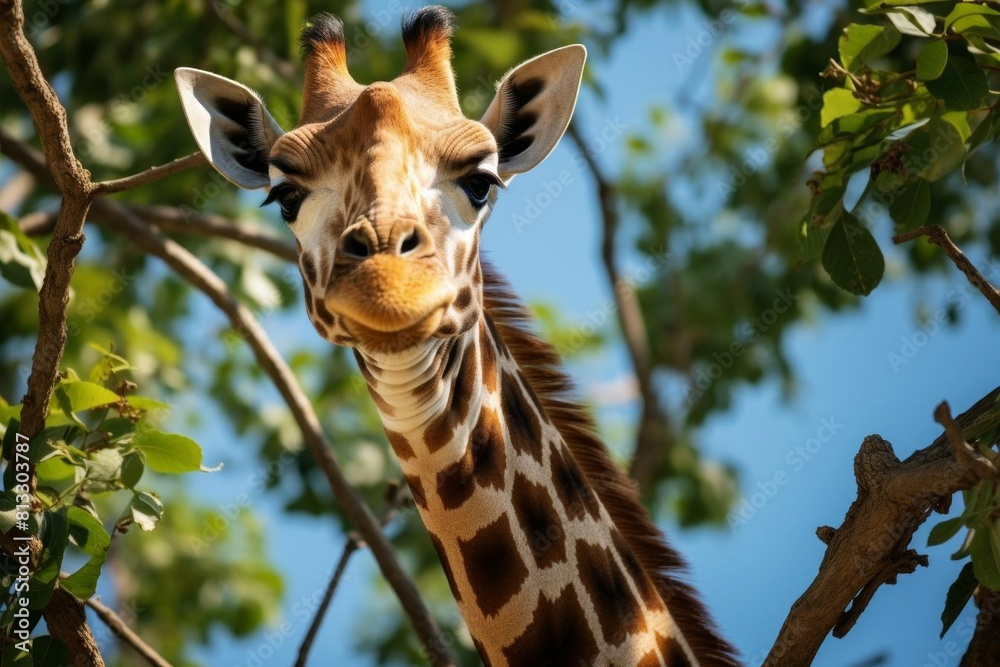Obraz premium Elegant giraffe reaching up to eat leaves from a tall tree, with a clear sky background, showcasing its long neck and graceful form Ideal for educational and wildlifethemed content