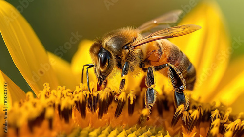 A close-up of a honey bee pollinating a flower. Generative AI