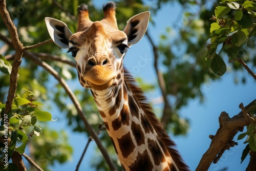 Elegant giraffe reaching up to eat leaves from a tall tree, with a clear sky background, showcasing its long neck and graceful form Ideal for educational and wildlifethemed content