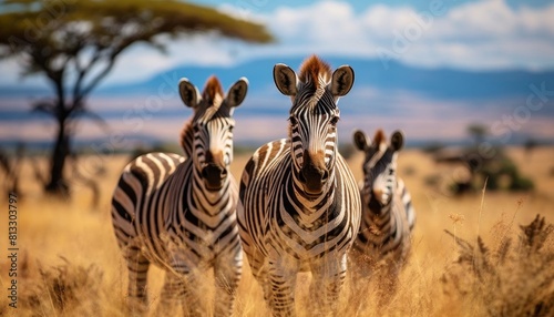 Family of zebras grazing on an open savannah  with a clear blue sky and distant acacia trees  capturing a serene and natural wildlife scene Great for safari and travel imagery