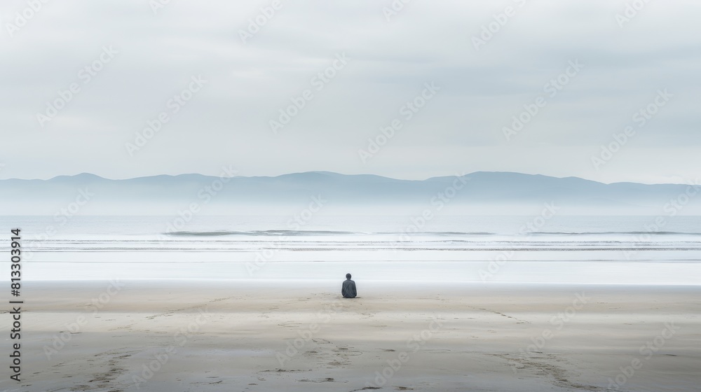 Overcast beach scene with a solitary figure sitting on the sand, embodying solitude and introspection