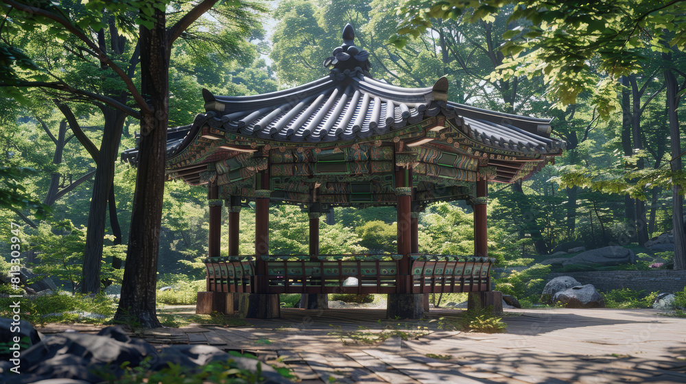 a traditional Korean gazebo in a forest setting, clear sunny day a traditional Korean gazebo in a forest setting, clear sunny day