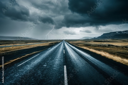 A deserted highway winding through a desolate landscape, with dark storm clouds brewing overhead and lightning flickering in the distance, Generative AI