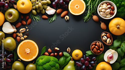 Border liver detox diet food concept, fruits, vegetables, nuts, olive oil, garlic. Cleansing the body, healthy eating. Top view, flat layout