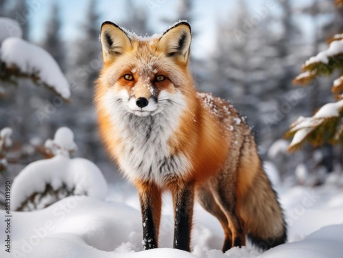 Closeup of a red fox standing alert in a snowy forest