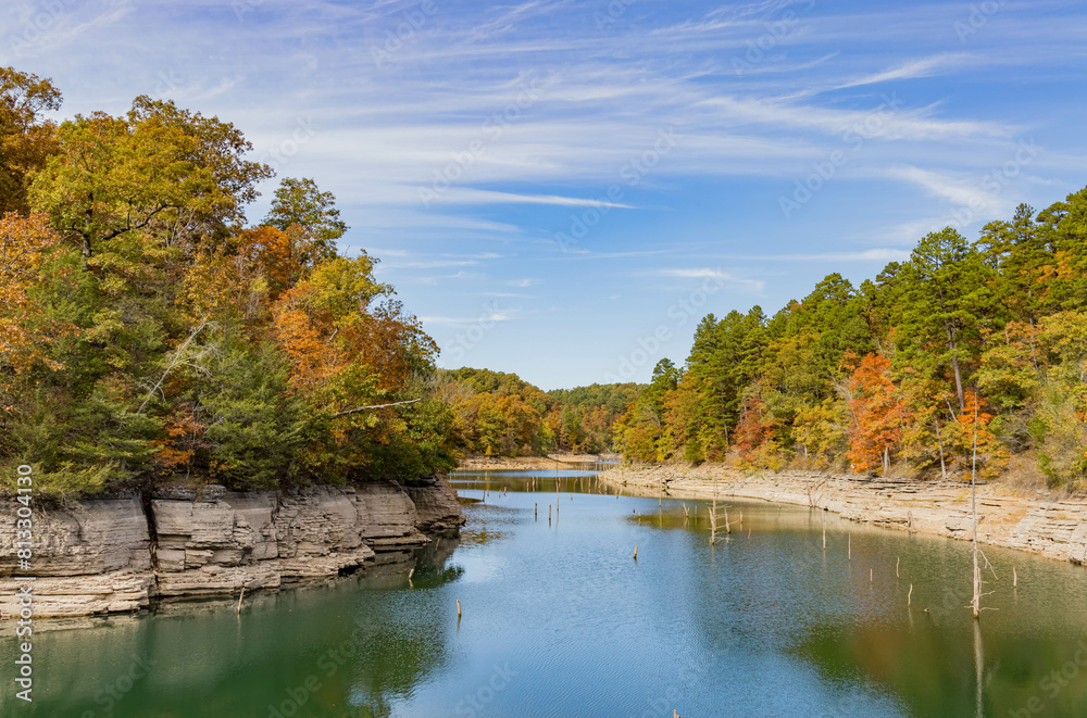 Sunny view of the beautiful fall color of Hobbs State Park-Conservation Area