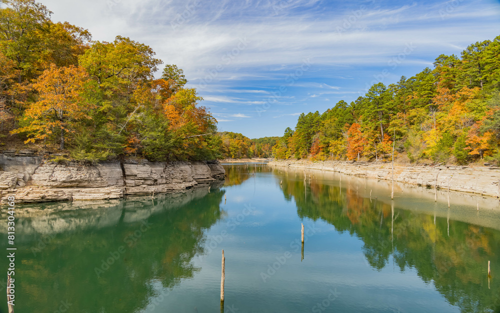Sunny view of the beautiful fall color of Hobbs State Park-Conservation Area
