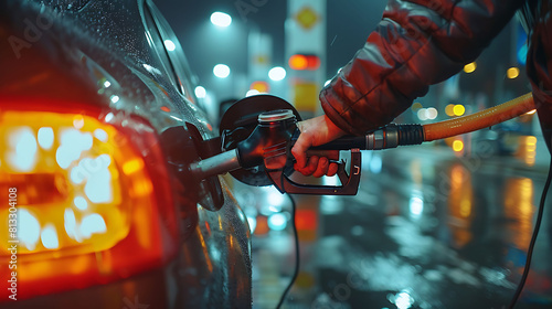 Refueling the car at a gas station fuel pump, Man driver hand refilling and pumping gasoline oil the car with fuel at he refuel station, Car refueling on petrol station, Fuel pump at station