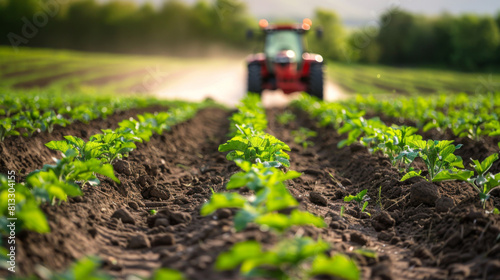 A tractor actively tills the soil in a lush green field, highlighting modern agricultural practices under the sunlight.