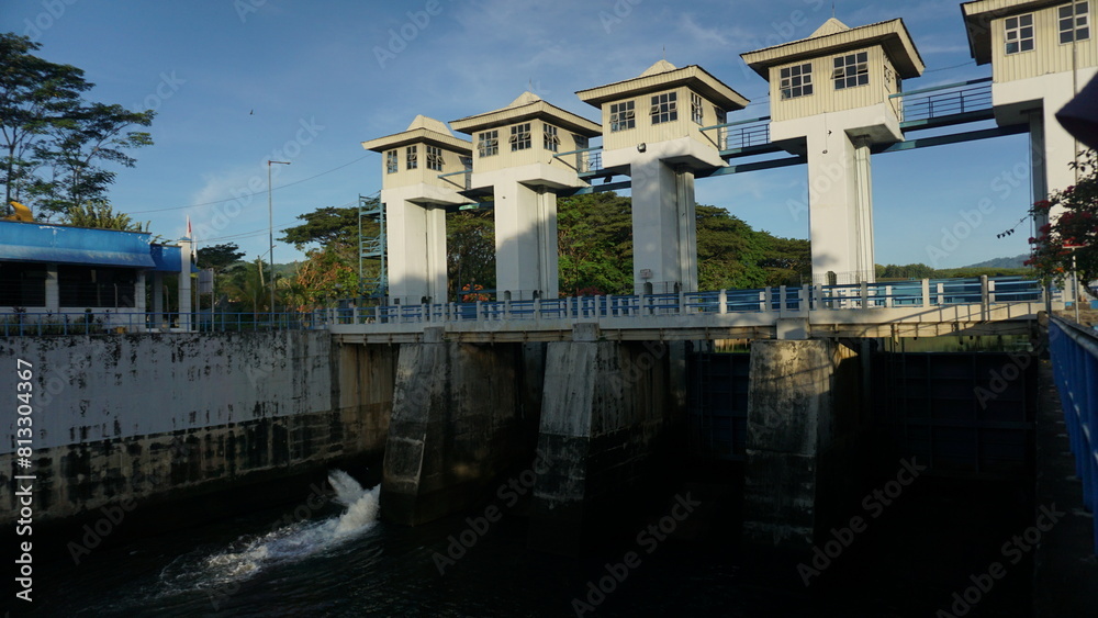 The sluice control building at a dam