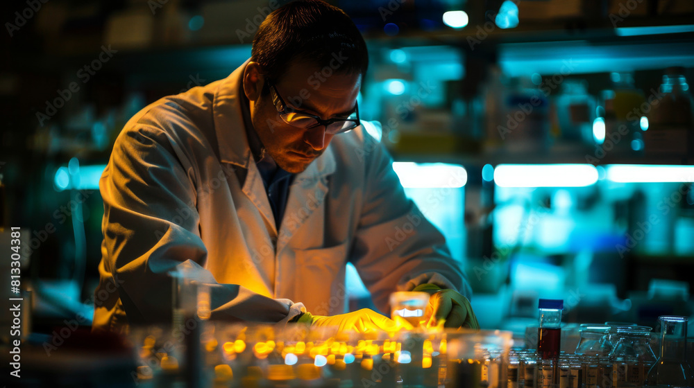 An experienced scientist conducts meticulous experiments in a dimly lit laboratory, focusing on innovative solutions and research. An experienced scientist conducts meticulous experiments in a dimly lit laboratory, focusing on innovative solutions and research.