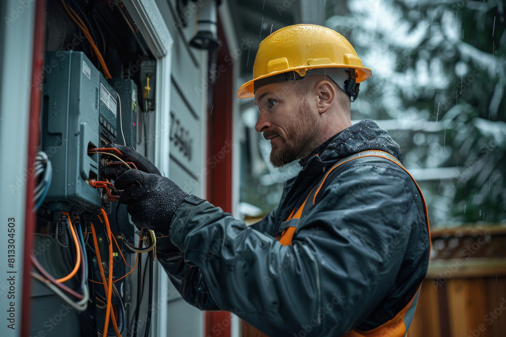 A skilled electrician wearing safety gear repairs an outdoor electrical box during a rainy day, ensuring safety and functionality. A skilled electrician wearing safety gear repairs an outdoor electrical box during a rainy day, ensuring safety and functionality.