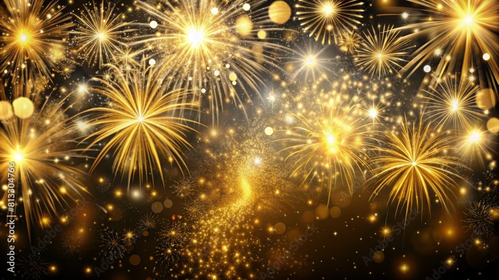 Naklejka premium Elegant gold and black background with fireworks and light sparkles.