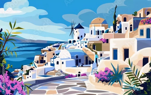  Illustration of Santorini island Vector flat color Background. Travel to Santorini Greece europe poster template, banner wall art print decor very beautiful