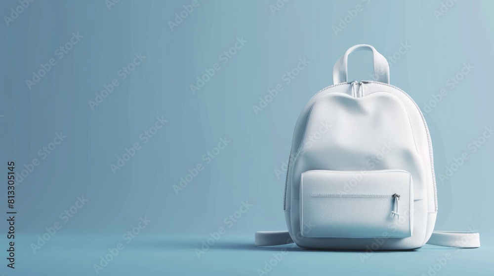 Backpack of white color with black straps isolated over blue background. Back to school.