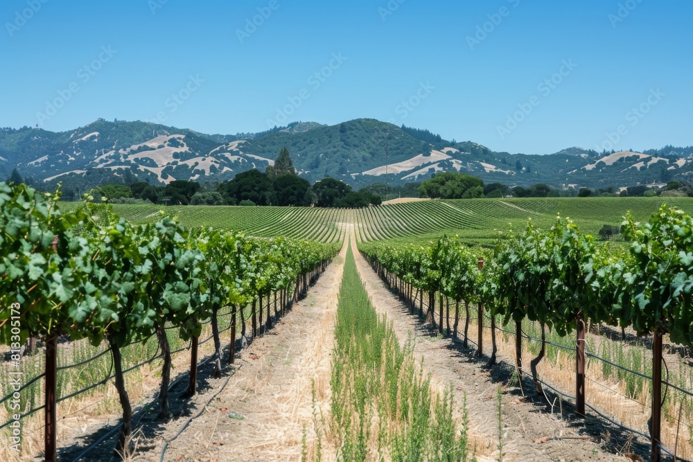 Fototapeta premium A picturesque vineyard with rows of grapevines stretching into the distance