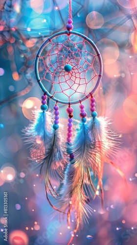 Dreamcatcher with blue and purple feathers and beads.