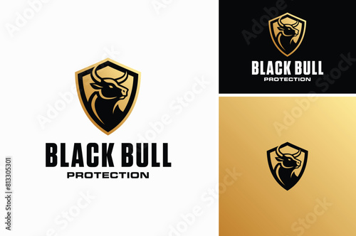 Black Bull Buffalo Head with Horns and Golden Shield for Security or Protection Guard logo design photo