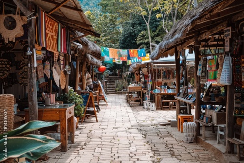 A quaint village marketplace with stalls selling handmade crafts and goods