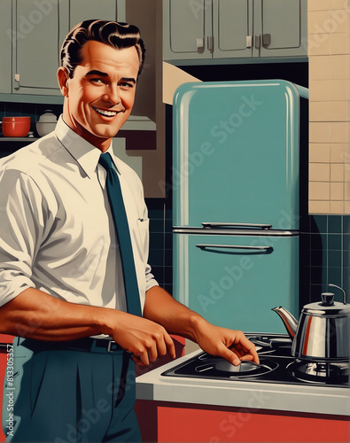 A vintage style poster. Confident businessman promoting Home appliance and kitchen equipment. Retro advertising and business concepts.