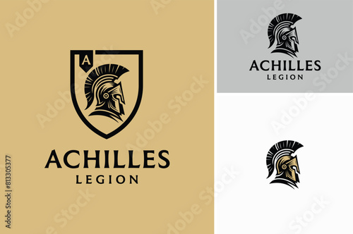 Spartan Warrior Helmet, Sparta Greek Mask of Achilles with Shield for Protection or Security logo design