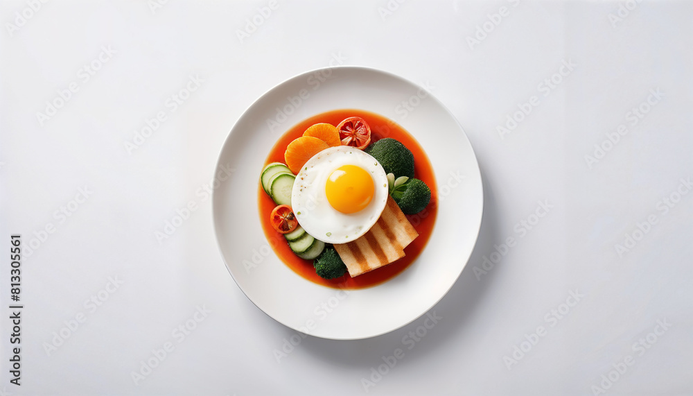Colorful vegetable soup with fried egg served in white bowl. Three dimensional glassy look style