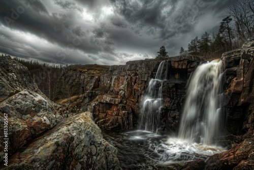 A hauntingly beautiful waterfall cascading down a rocky cliff face, surrounded by dark, brooding clouds overhead, Generative AI