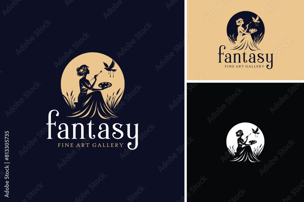 Beautiful Princess or Pretty Goddess Silhouette sitting on grass with a brush and a color palette. She painting a dove at night under the moonlight for Art Gallery logo design