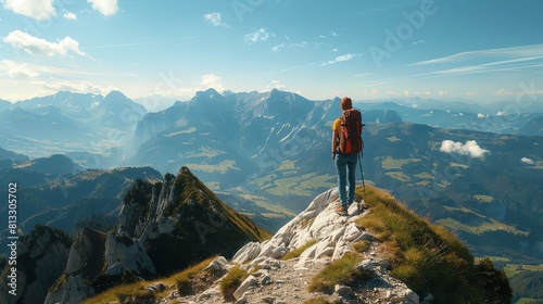 Young woman standing on top of a mountain admiring the view. She is wearing a backpack and holding a hiking pole.