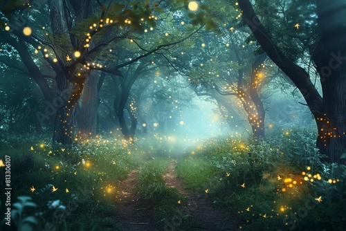 magical forest glen with fireflies dancing among the trees