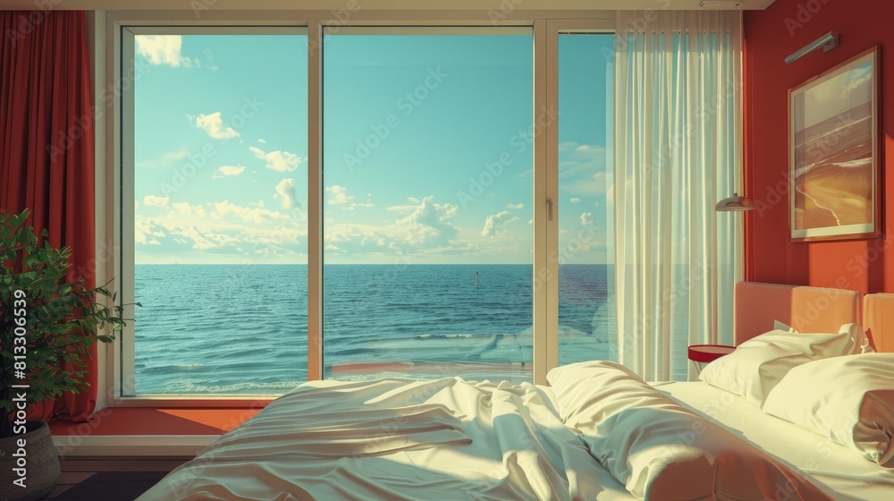 Obraz premium Modern Seaside Hotel Room with Stunning Ocean View and Serene Interior