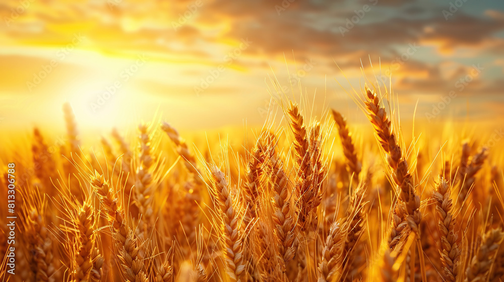 Close up wheat field at golden hour, bathed in warm sunlight, whole grain field. Generative AI Close up wheat field at golden hour, bathed in warm sunlight, whole grain field. Generative AI