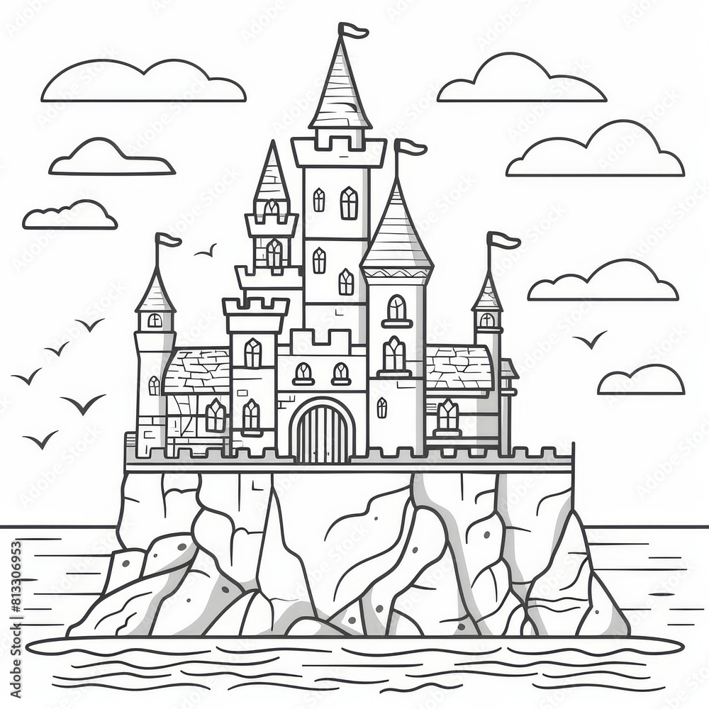 A black and white illustration of a castle for coloring book. A large fairytale castle coloring page. Stress relief and relaxation concept. A black and white illustration of a castle for coloring book. A large fairytale castle coloring page. Stress relief and relaxation concept.