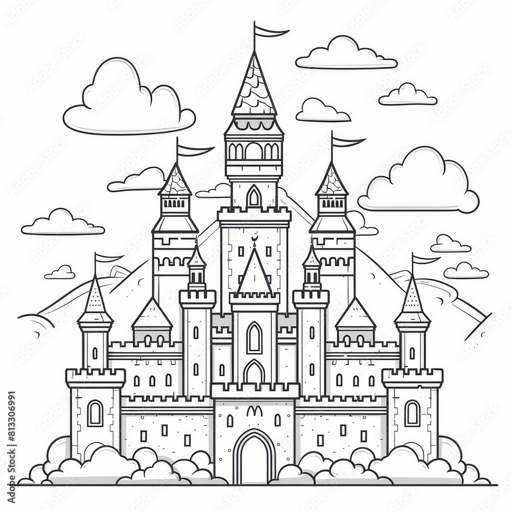 Fototapeta premium A black and white illustration of a castle for coloring book. A large fairytale castle coloring page. Stress relief and relaxation concept.