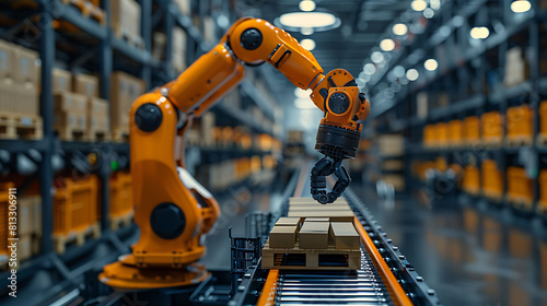 Smart robot arm systems for innovative warehouse and factory digital technology , Automation manufacturing robot controlled by industry engineering using IOT software connected to internet network