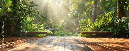 Wooden floor in a sunlit jungle paradise  surrounded by rich greenery