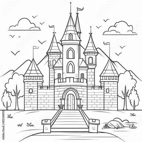 A black and white illustration of a castle for coloring book. A large fairytale castle coloring page. Stress relief and relaxation concept.