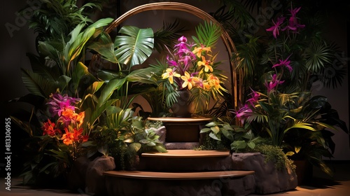 Tropical themed product display Vibrant podium surrounded by lush tropical plants and bright flowers warm lighting and a refreshing ambiance ideal for vacation gear