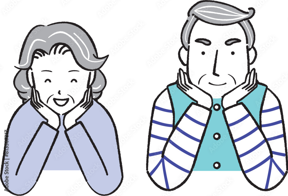 顔のしたを両手で多い肘をつく笑顔のシニア夫婦 顔のしたを両手で多い肘をつく笑顔のシニア夫婦