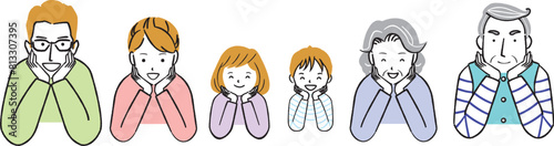 顔のしたを両手で多い肘をつく笑顔の3世代家族